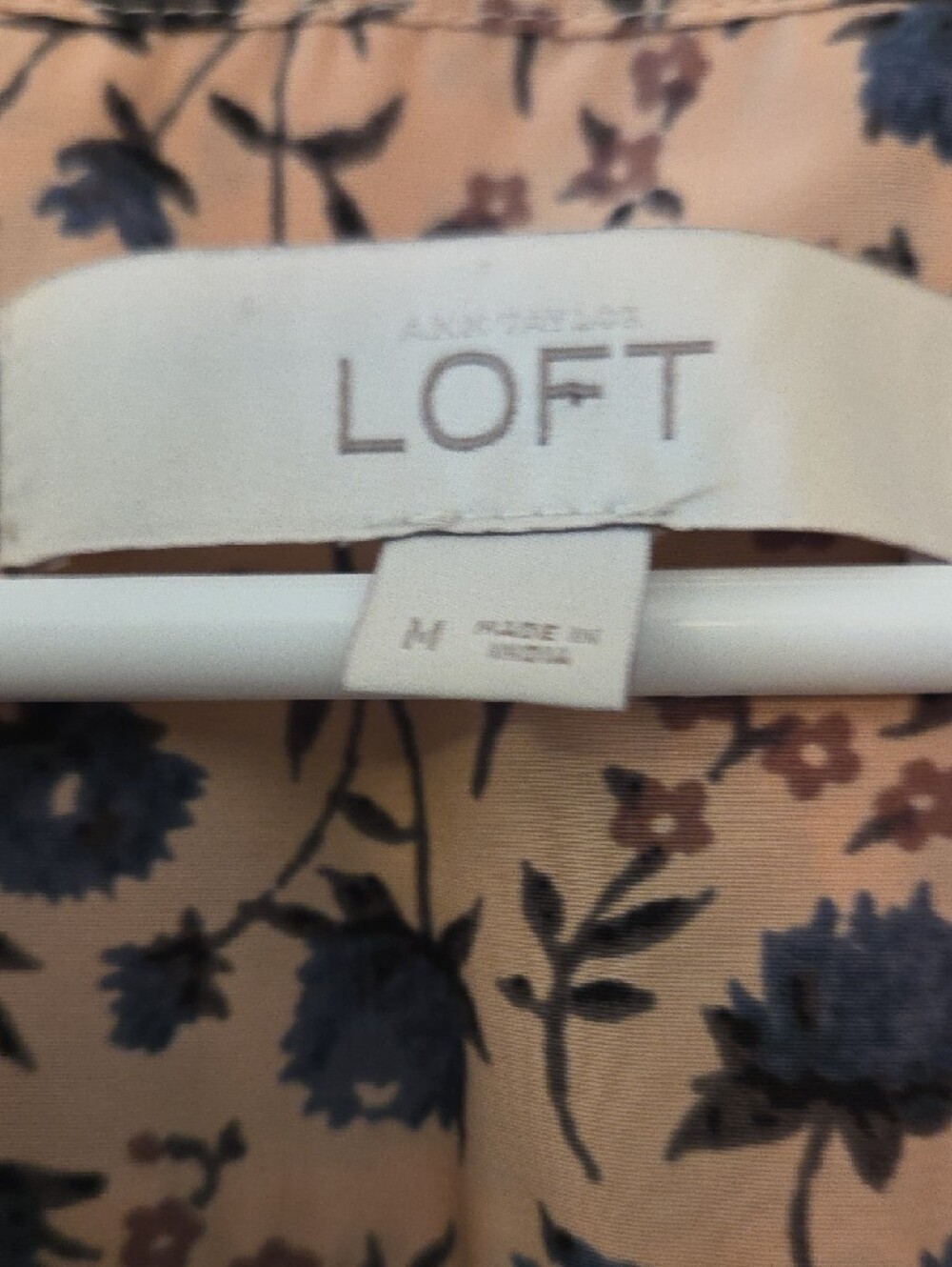 LOFT Tan Beige Blue Floral Midi Dress Size Medium - Picture 2 of 11